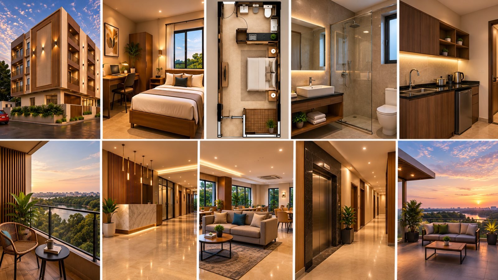 Rooms, bathrooms, lounge, lift lobby and terrace at Pincode Executive Stay
