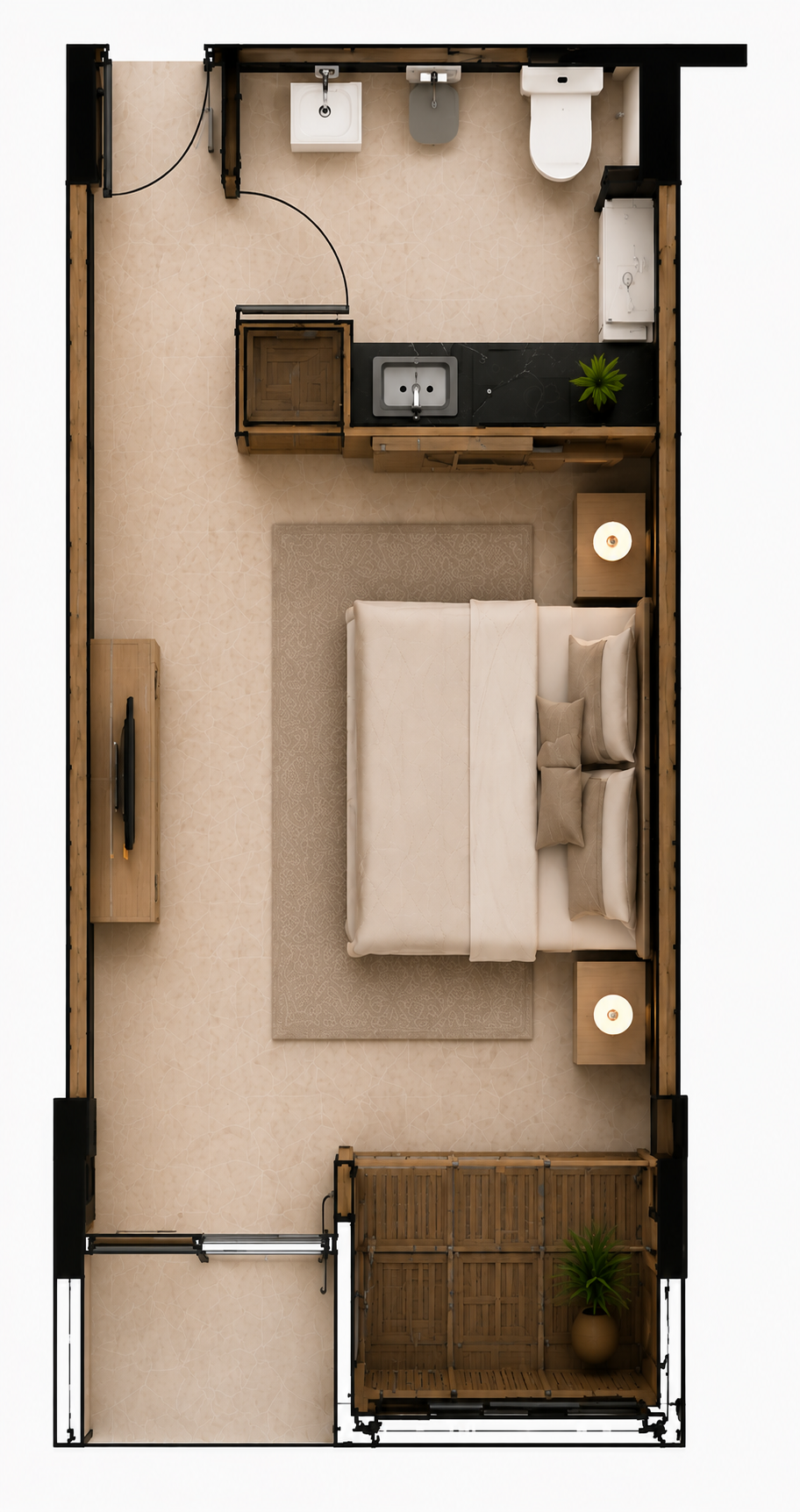 Top-down plan of one executive studio